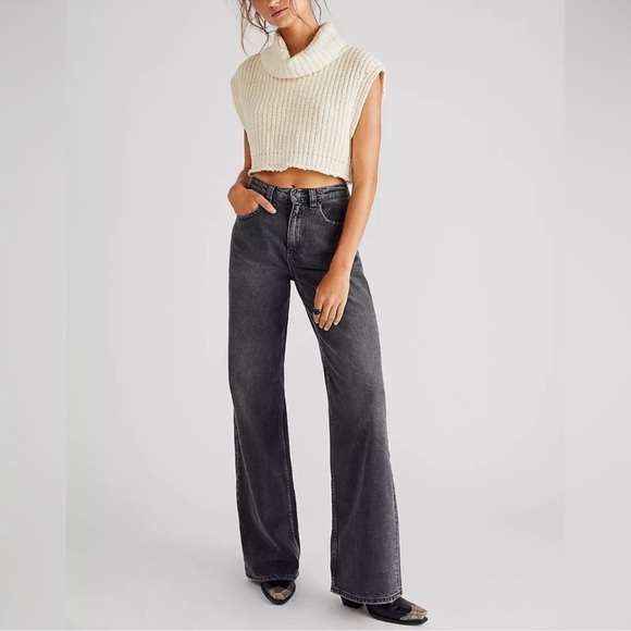 Free People Tinsley Baggy High Rise Straight Leg Jeans Blowout Black Sz 26